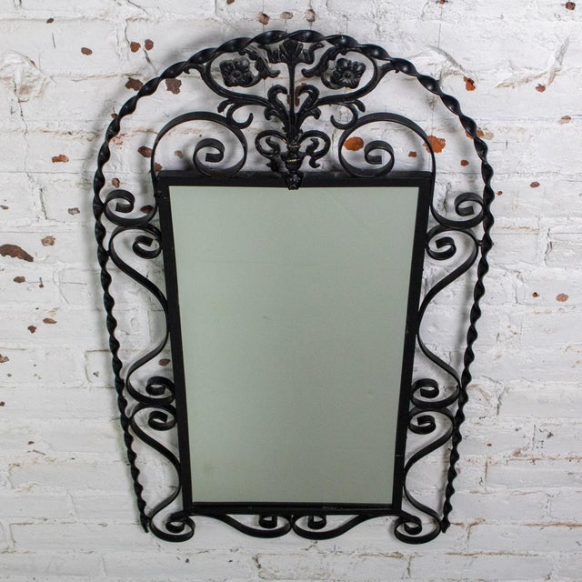 Art Deco Mid-20th Century Art Deco Wall Mirror Black Painted Wrought Iron Frame W/Cast Brass Details & Arched Top For Sale - Image 3 of 18