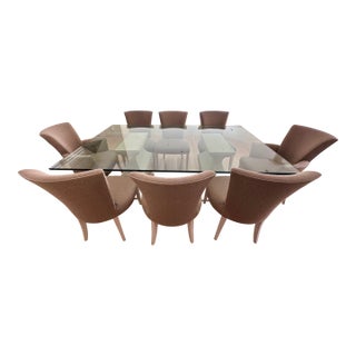 1990s Beveled Glass Dining Table With Urn Cement Stone Pedestals & 8 Upholstered Chairs - Set of 9 For Sale