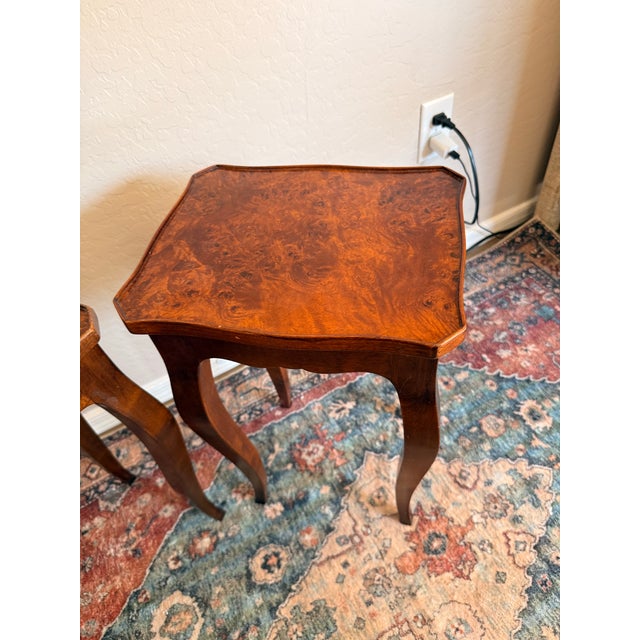 1970s Pair of Vintage Italian Burl Wood End Tables | Made in Italy Rococo Style Accent Tables For Sale - Image 5 of 12