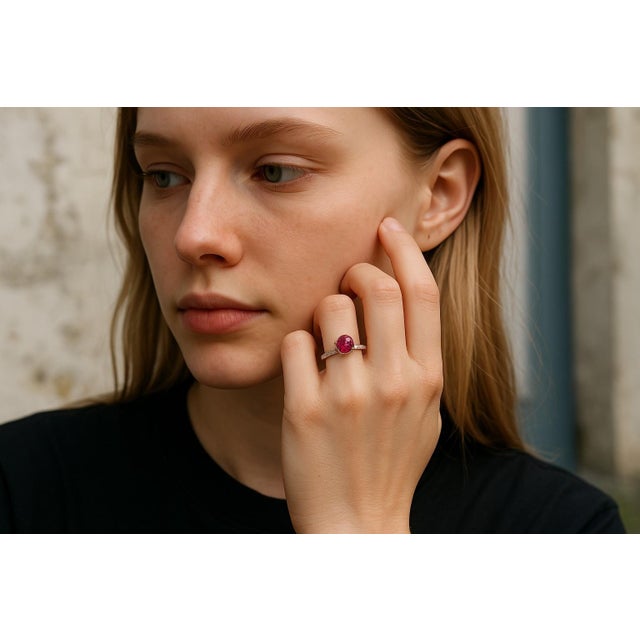 Platinum Diamond 0.72 Carat Cabochon Ruby 1.70 Carat Engagement Ring Size 6.25 For Sale - Image 4 of 8