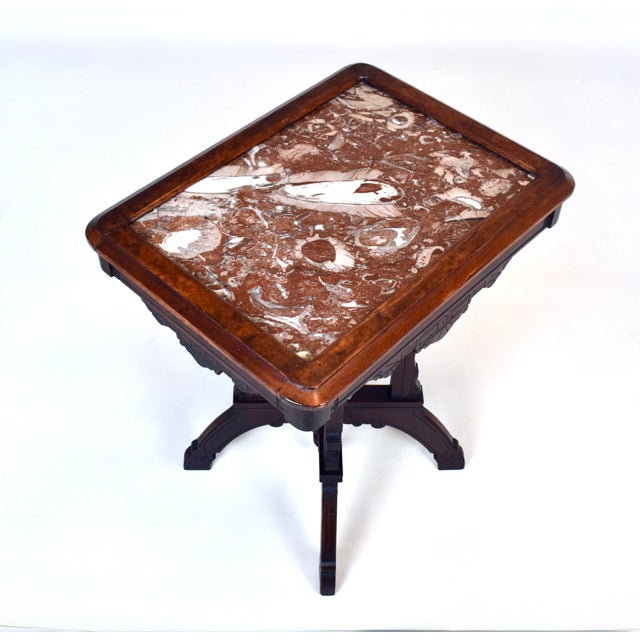 Antique Aesthetic Movement Victorian Carved Mahogany Marble Top Parlor Side Table For Sale - Image 9 of 9