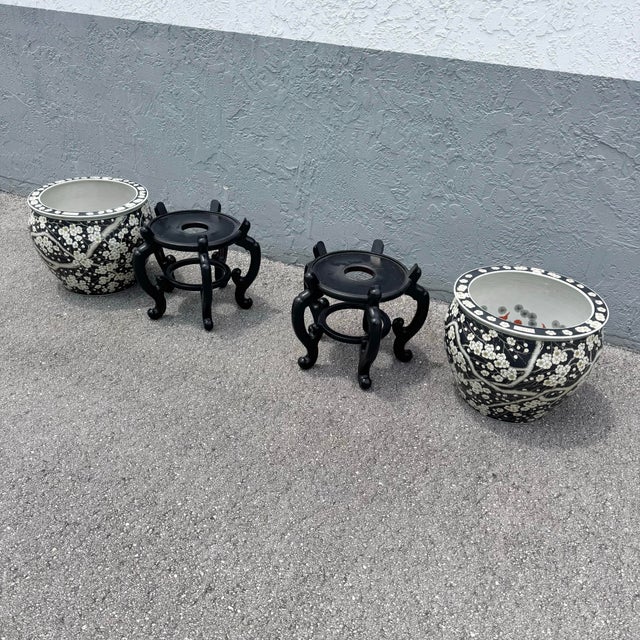 Vintage Chinese Hand Painted Floor Vases/Fish Bowls on Wooden Stands - A Pair For Sale - Image 9 of 9
