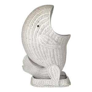 White Hand-Woven Rattan Dolphin Storage Toy Basket Sculpture 1970 Bohemian Chic