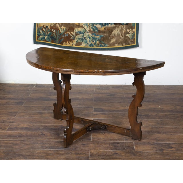 Large Italian Baroque Style 18th Century Walnut Demilune Table with Carved Legs For Sale - Image 12 of 12