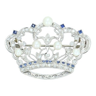 Mid 20th Century Crown Brooch With Pearls Sapphires and Diamonds in Platinum Setting For Sale