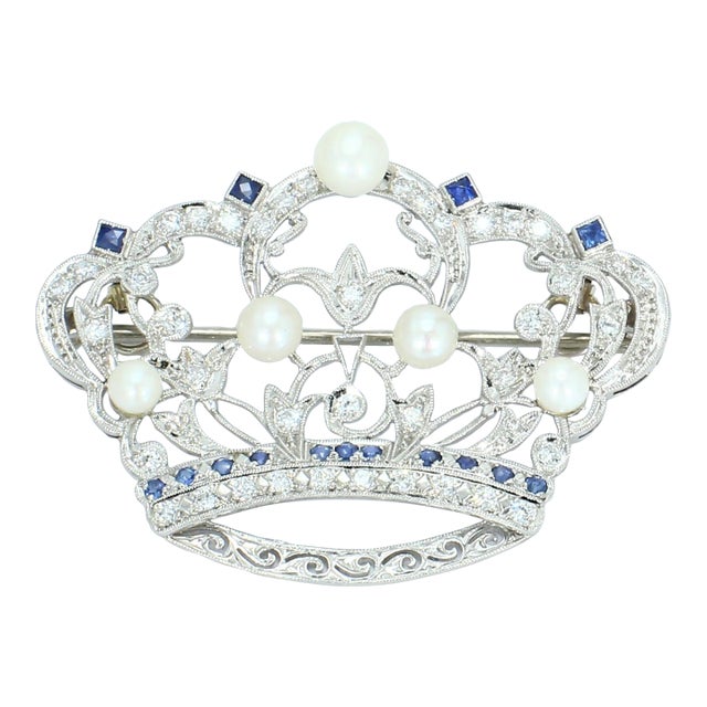 Mid 20th Century Crown Brooch With Pearls Sapphires and Diamonds in Platinum Setting For Sale