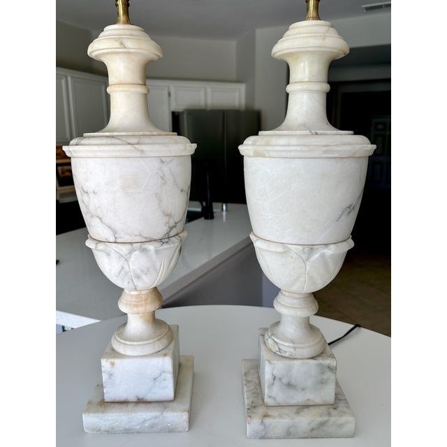 Metal Large Pair Italian Column Neoclassical Alabaster Table Lamps For Sale - Image 7 of 16