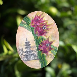 Perpetual Foreigner Dragon Fruit by Cindy Shih | Mixed Media on Panel Dragon fruit with a pagoda background For Sale