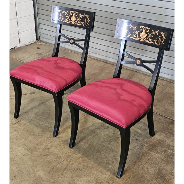 Baker Furniture Company Pair of Regency Style Ebonized Klismos Chairs by Baker Furniture in Silk Moiré Fabric, Late 20th Century For Sale - Image 4 of 9