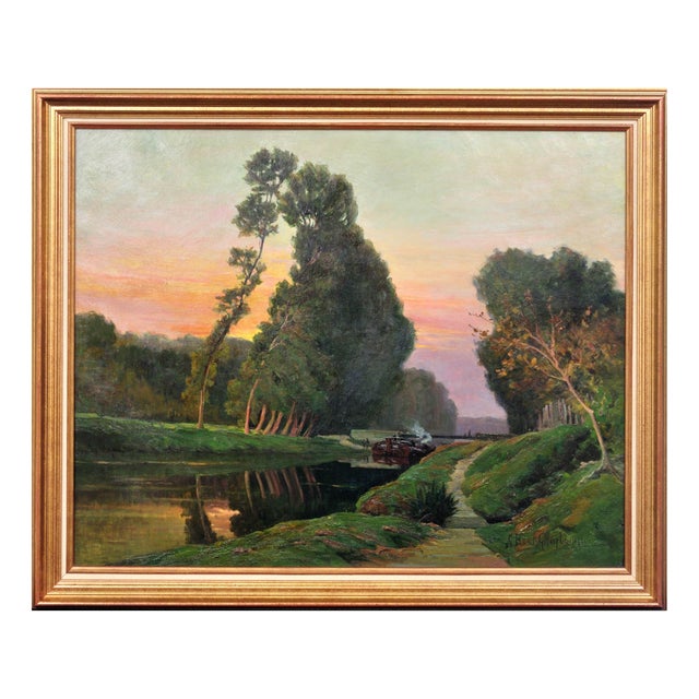 Claudia Bret-Charbonnier, A Barge Carrying Barrels of Wine on the Canal du Midi, 1920s, Oil on Canvas, Framed For Sale