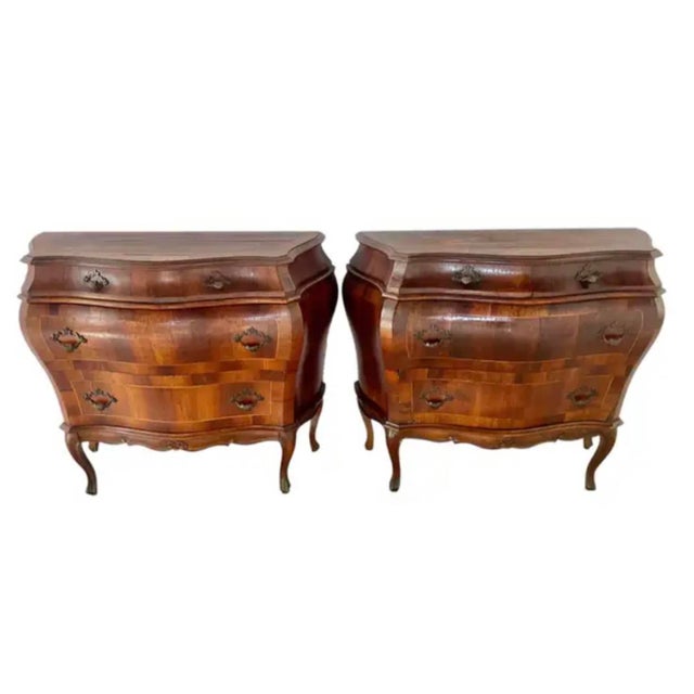 Wood Italian Inlaid Walnut Bombé Commodes, Baroque Style, Mid-20th Century For Sale - Image 7 of 18