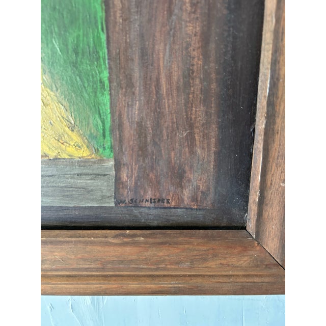 Oil on Masonite, wood frame signed “W. Schneider” vintage, ‘The Red Door’ country painting