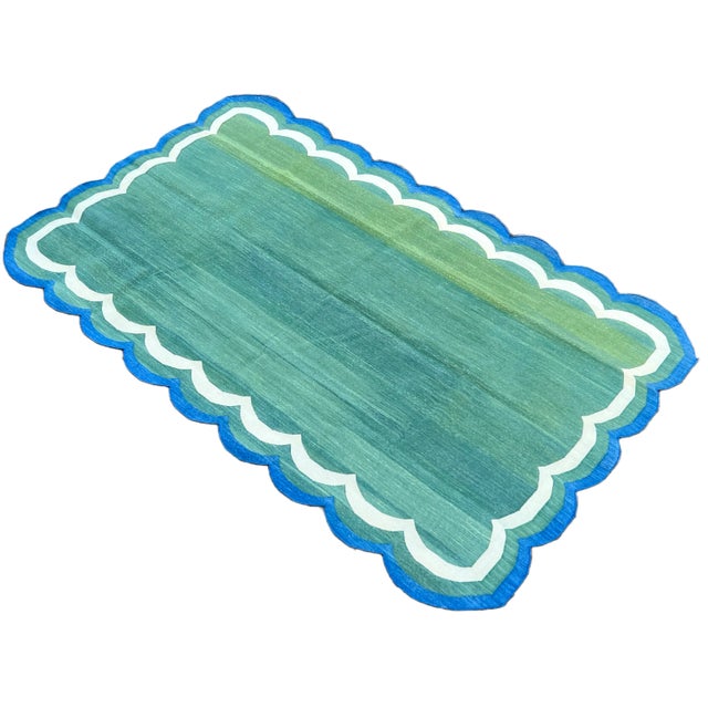 Handmade Cotton Area Scalloped Rug Forest Green, Cream and Royal Blue Border Dhurrie - 8'x10' For Sale - Image 11 of 11