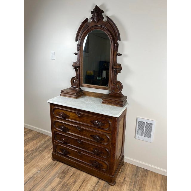 Victorian Antique Victorian Chestnut Four Drawer Marble Top Dresser C. 1900 For Sale - Image 3 of 8