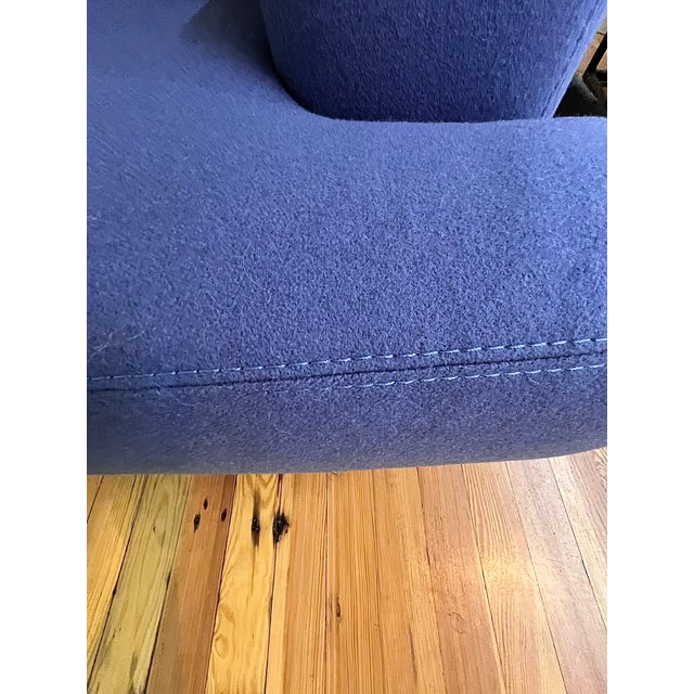 Custom Modern Upholstered Loveseat in Italian Blue Felted Wool With Luggage Stitching For Sale - Image 4 of 5