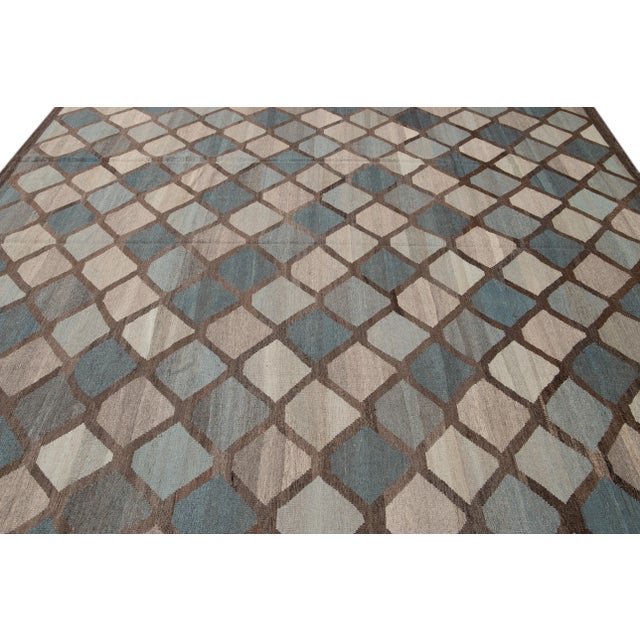 Blue Handcrafted Wool Kilim Rug Featuring a Blue Geometric Design For Sale - Image 8 of 13