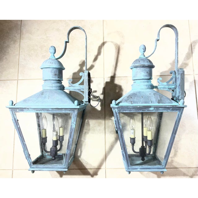 1980s Large Pair of Vintage Solid Brass Wall Lanterns - 12”x 12”x 24” For Sale - Image 5 of 15