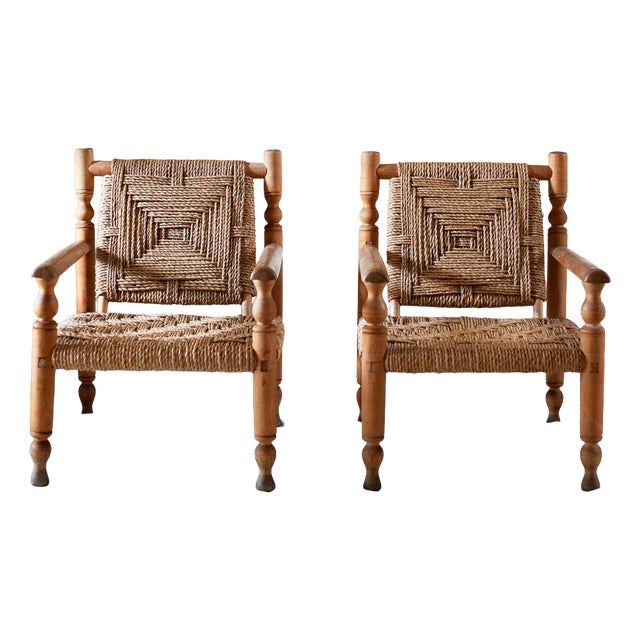 Wooden and Rope Chairs by Adrien Audoux & Frida Minet, 1960s, Set of 2 For Sale