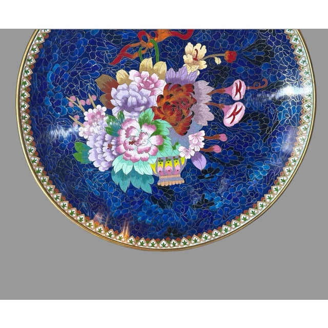 Chinese Antique 20" Inlay Chinese Enameled Cloisonne Charger With Floral Bouquet For Sale - Image 3 of 7