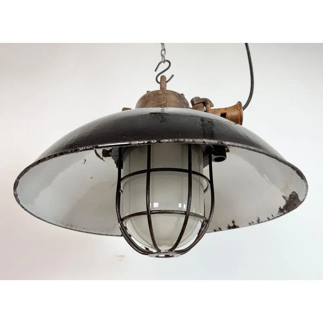 Industrial Black Enamel and Cast Iron Cage Pendant Light from Elektrosvit, 1960s For Sale - Image 9 of 18