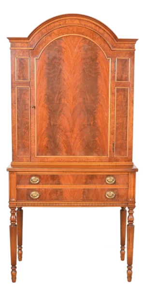 Flint & Horner Antique French Regency Louis XVI Flame Walnut and Burl Wood Bar Cabinet or Bookcase, Circa 1930s