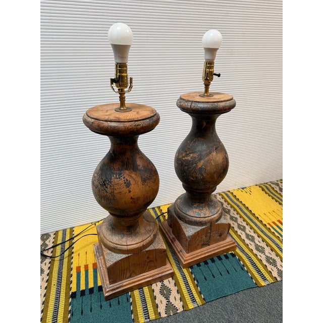 Design Plus Gallery presents a Pair of Table Lamps Refurbished from Antique Stairwells, Balusters These balusters were the...
