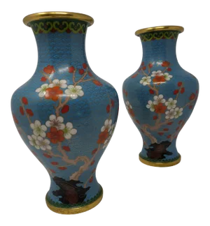 Vintage Cloisonne Turquoise Vases With Cherry Blossoms - a Pair