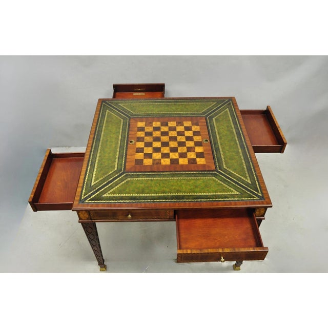 Traditional Maitland Smith Marquetry Inlay Leather Mahogany Game Table & 4 Shield Back Chair For Sale - Image 3 of 18