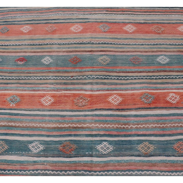 Textile Colorful Vintage Turkish Embroidered Kilim With Stripes and Geometric Motifs 5'5 X 10'4 For Sale - Image 7 of 14