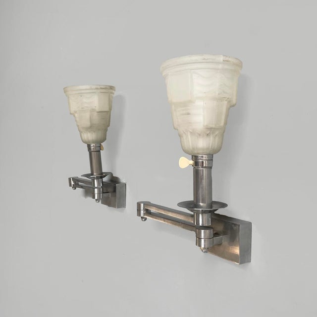 Italian Art Deco Wall Lamps in Metal and White Glass, 1940s, Set of 2 For Sale - Image 3 of 11