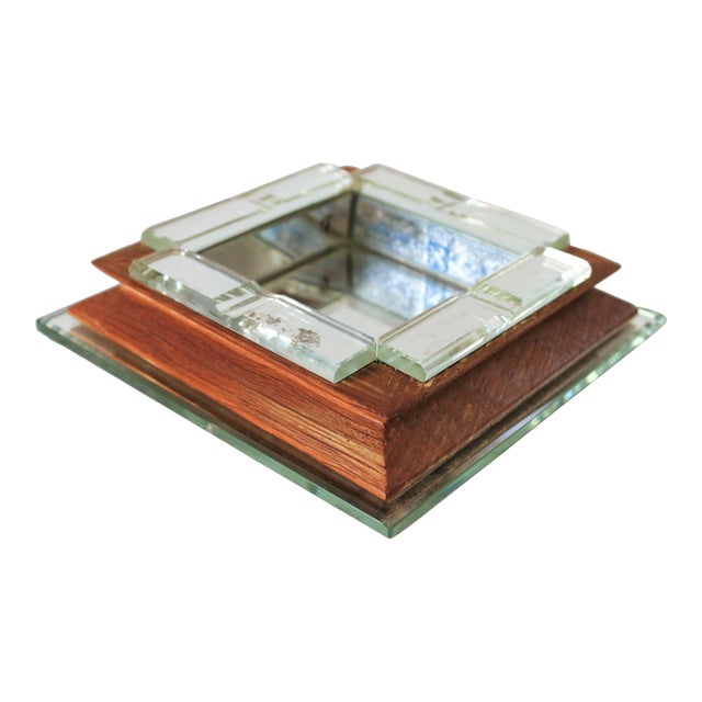 Vintage Square Wood & Mirror Ashtray or Trinket Tray For Sale