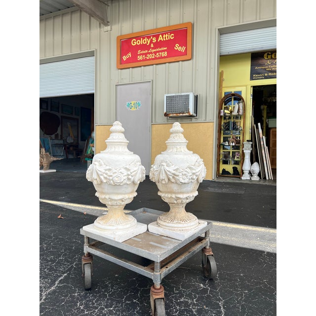 Neoclassical Vintage Neoclassical Cast Concrete Garden Finials With Floral Garlands - A Pair -2 For Sale - Image 3 of 6