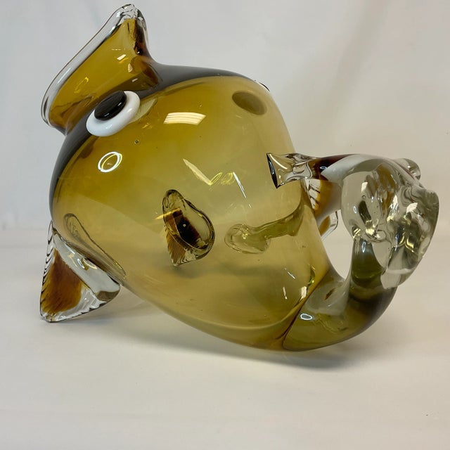 1980s Vintage Italian Boho Chic Handblown Amber Glass Large Scale Fish Sculptural Vase. For Sale - Image 4 of 11