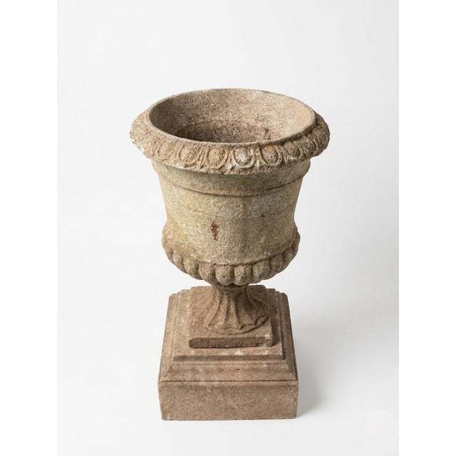 Stone Pair of Neoclassical Style Weathered Cast Stone Campana Urns on Pedestals For Sale - Image 7 of 12