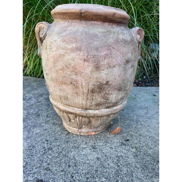 Late 20th Century Vintage Tuscan Style Terracotta Garden Urn With Mascaron Handles and Heraldic Crest For Sale - Image 5 of 9