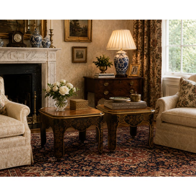 A striking pair of Baker Furniture accent tables showcasing elegant Chinoiserie-inspired design with rich decorative...