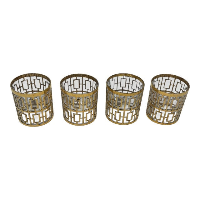 1960s Set of Four Imperial Glass Rocks Glass With 22-Karat Gold in the “Shoji” Design For Sale