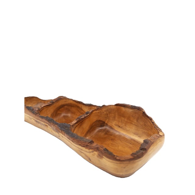 Hand-Carved Peruvian Olive Wood 3-Section Serving Bowl With Live Edge 18.75"l For Sale - Image 10 of 15