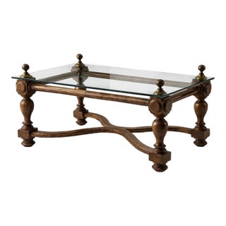 Neoclassical Style Solid Wood & ½” Beveled Glass Coffee Table With Brass Finials, Late 20th Century For Sale