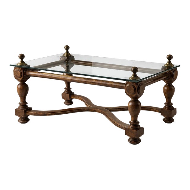 Neoclassical Style Solid Wood & ½” Beveled Glass Coffee Table With Brass Finials, Late 20th Century For Sale