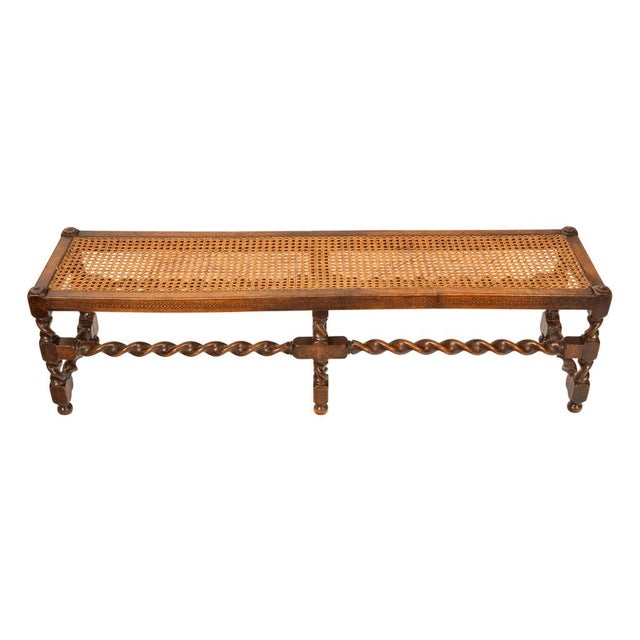 Antique English Jacobean Carved Walnut Barley Twist Caned Long Bench Seat 1880 For Sale - Image 14 of 17