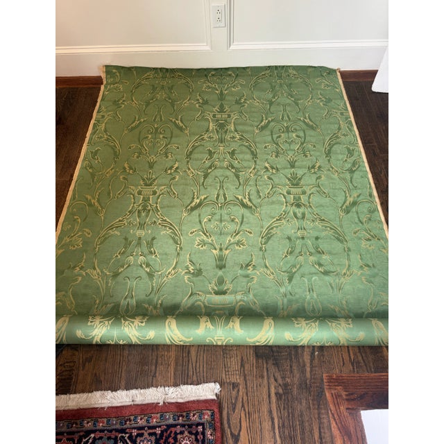 Elegant Brunschwig & Fils bolt of fabric in green damask with moire background. Fabric # 89105-01 colorway green. First...