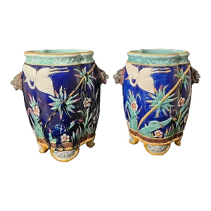Dramatic Pair of French Majolica Urns With Stork and Wolf's Head Handles