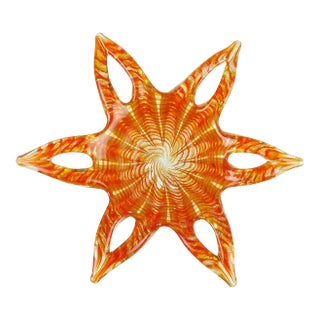Barovier Toso Murano Vintage Orange With Gold Flecks Italian Art Glass Mid 20th Century Flower Star Bowl For Sale