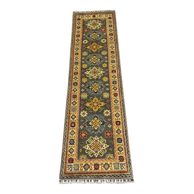 Charcoal Gray and Cream Kazak Wool Runner Rug With Tribal Motifs, 2'9" X 9'8" For Sale
