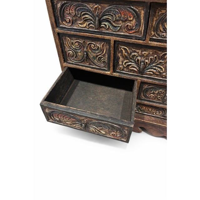 Vintage Late 20th Century Hand-Carved Wood Jewelry Chest – Old World Spanish Revival Style For Sale In San Diego - Image 6 of 10