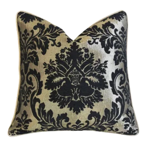 Black & Gold Floral Velvet & Linen Pillow Cover 18" Square
