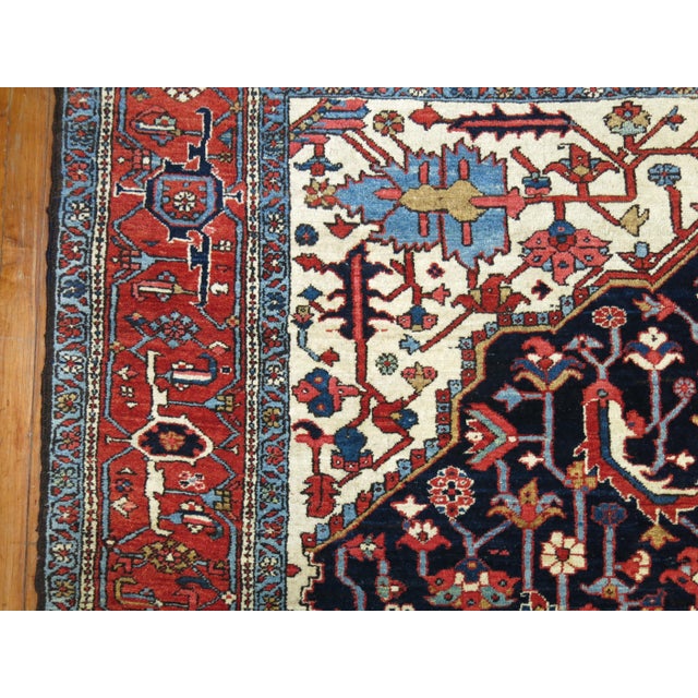 Traditional Antique Persian Square Navy Geometric Heriz Rug For Sale - Image 9 of 18