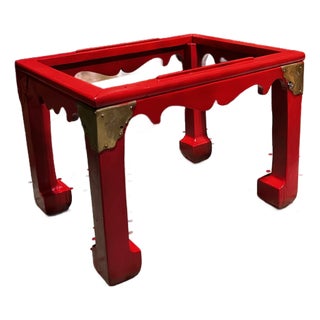 Petite Vintage Red Wooden Ming Table Base With Corner Brackets For Sale