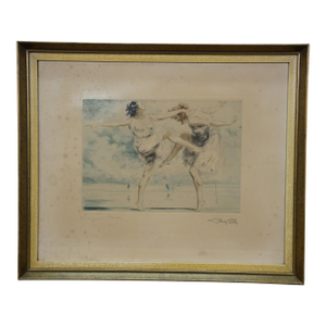 Early 20th Century Antique Neoclassical Dancing on the Beach Signed Seascape Etching 20", Framed